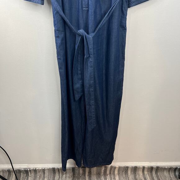 DRAPER JAMES Tie Waist Jumpsuit in Chambray Dark Wash Blue Wide Leg 3/4 Sleeve L - Picture 4 of 9